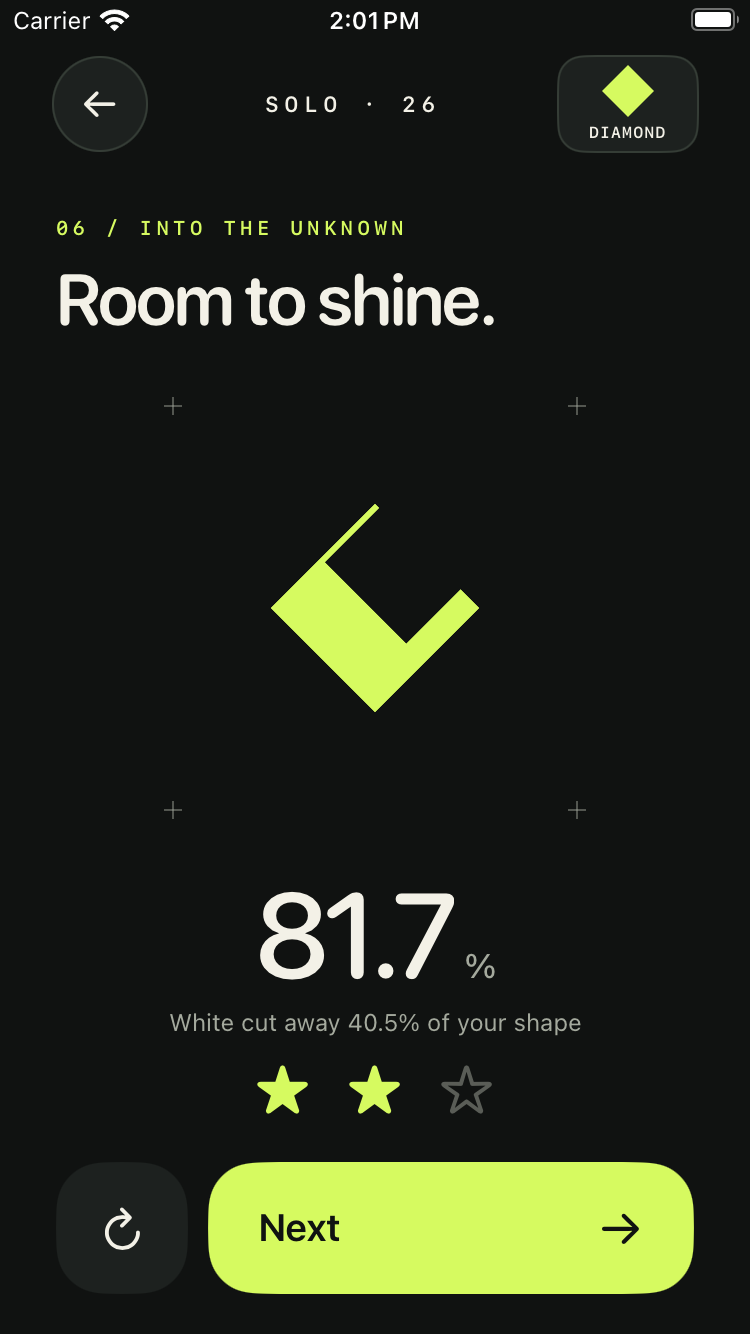 A diamond puzzle result after a white cutout removes part of the player's shape